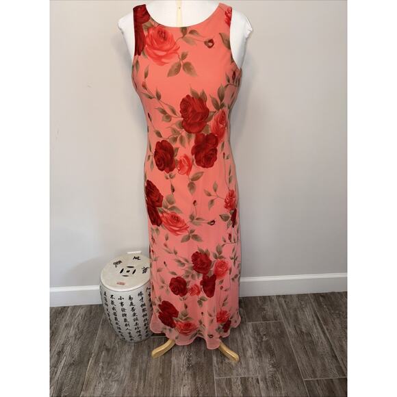 Vintage Y2K Coral Red Rose Holiday Party Dress Chiffon Maxi Slip Dress 90s - Picture 4 of 14